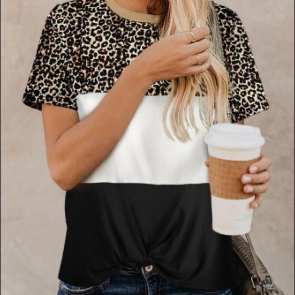 Leopard Color Block Casual Tee Shirt NWT Small